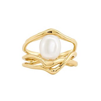 PRIMROSE 14k Gold Flash Plated Simulated Pearl Baroque Split Band Ring