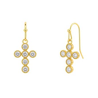 PRIMROSE 14k Gold Flash Plated Cubic Zirconia Cross Drop Earrings