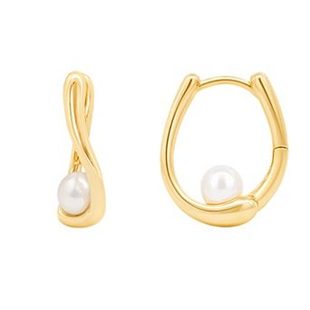 PRIMROSE 14k Gold Flash Plated Dyed White Simulated Pearl Polished Hoop Earrings