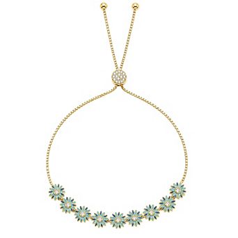 Brilliance 18k Gold Flash Plated Cubic Zirconia Floral Bezel Adjustable Bracelet