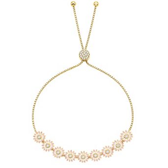Brilliance 18k Gold Flash Plated Cubic Zirconia Floral Bezel Adjustable Bracelet