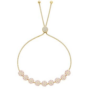 Brilliance 18k Gold Flash Plated Cubic Zirconia Floral Bezel Adjustable Bracelet