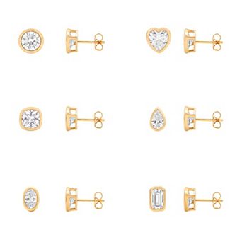 PRIMROSE Cubic Zirconia Polished Multi-Shape Stud 6-Pair Earrings Set