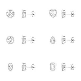 PRIMROSE Cubic Zirconia Polished Multi-Shape Stud 6-Pair Earrings Set