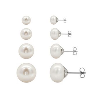 PRIMROSE Fine Silver Plated Freshwater Cultured Pearl Round 4-Pair Stud Earring Set