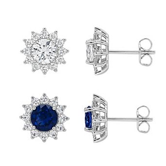 PRIMROSE Fine Silver Plated Lab-Created Gemstone Flower Duo Stud Earring Set