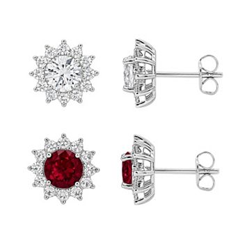 PRIMROSE Fine Silver Plated Lab-Created Gemstone Flower Duo Stud Earring Set