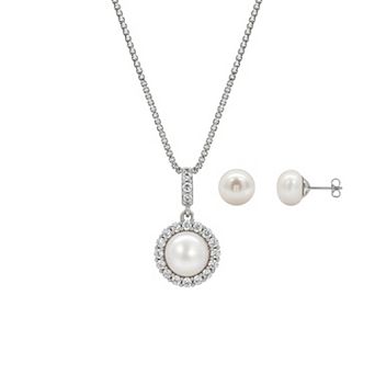 PRIMROSE Fine Silver Plated Freshwater Cultured Pearl & Lab-Created White Sapphire Halo Pendant Necklace & Earrings Set