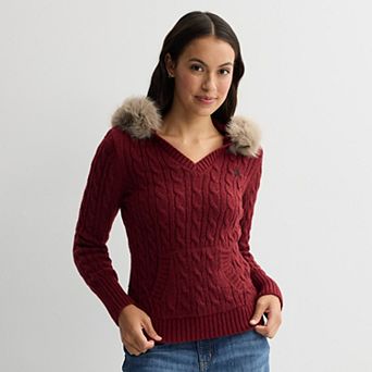 Juniors' madden girl Long Sleeve Faux Fur Trim Hooded Pullover Sweater