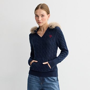 Juniors' madden girl Long Sleeve Faux Fur Trim Hooded Pullover Sweater
