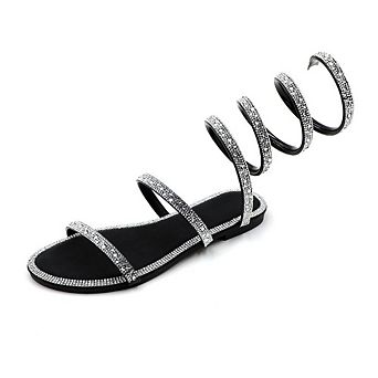 HONEY-157 Rhinestone Spiral Strappy Flat Sandals Slides
