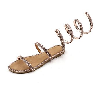 HONEY-157 Rhinestone Spiral Strappy Flat Sandals Slides