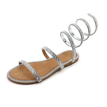HONEY-157 Rhinestone Spiral Strappy Flat Sandals Slides