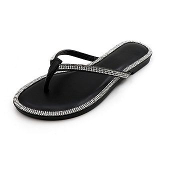 HONEY-49 Rhinestone Trim Thong Flip Flop Flat Sandals