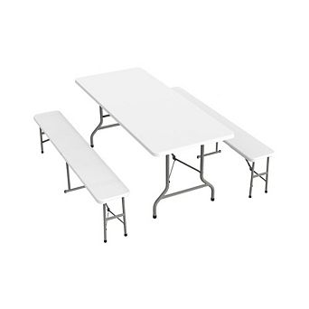 White Smooth Picnic Table Set with 2 Benches