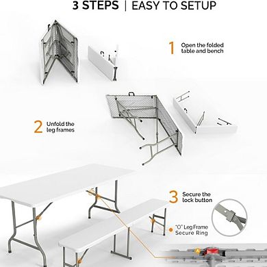 White Smooth Picnic Table Set with 2 Benches