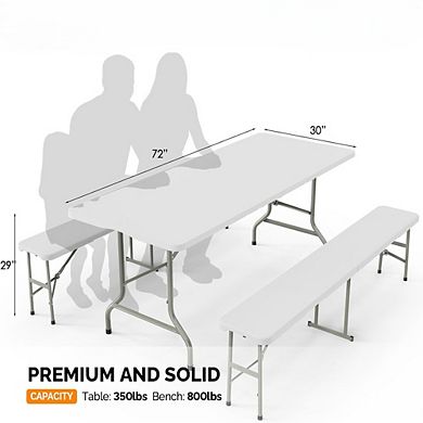 White Smooth Picnic Table Set with 2 Benches