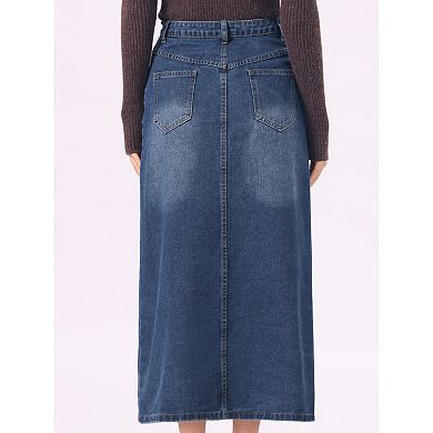 Denim Skirt for Women Midi Length Button Down H Line Long Jean Skirts