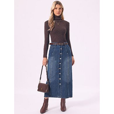 Denim Skirt for Women Midi Length Button Down H Line Long Jean Skirts