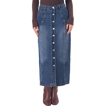 Denim Skirt for Women Midi Length Button Down H Line Long Jean Skirts