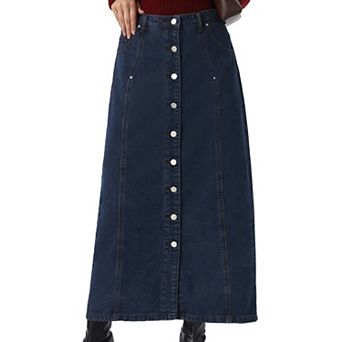Denim Skirt for Women Midi Length Button Down H Line Long Jean Skirts