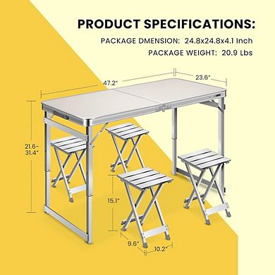 Aluminum Adjustable Height Picnic Table Set with 4 Aluminum Stools