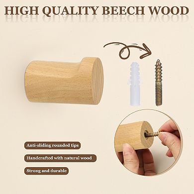 4 Pack Wood Wall Hooks, Simple and Stylish Coat Rack Wall-Mounted Entrance Hook with Screws