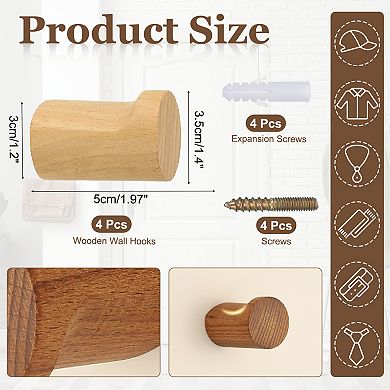 4 Pack Wood Wall Hooks, Simple and Stylish Coat Rack Wall-Mounted Entrance Hook with Screws