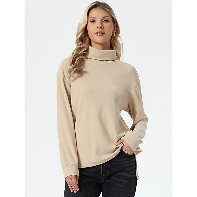 Turtleneck Blouse for Women's Long Sleeve Side Split High Low Hem Pullover Fall Sweaters