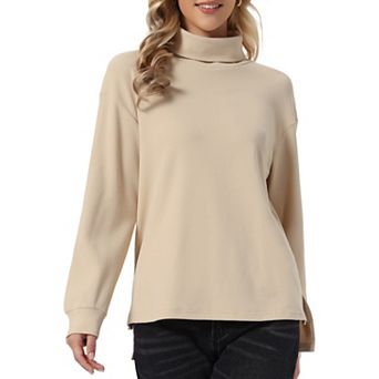 Turtleneck Blouse for Women's Long Sleeve Side Split High Low Hem Pullover Fall Sweaters