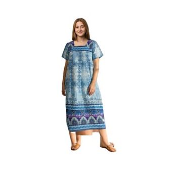 Loungees Border Print Cotton Lounge Dress House Dress Caftan Square Neck Yoke Short Sleeve