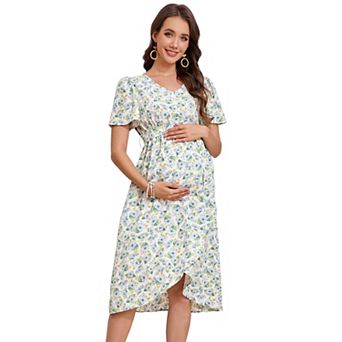 Women's Maternity Short Sleeve V-Neck Midi Dress with Belt