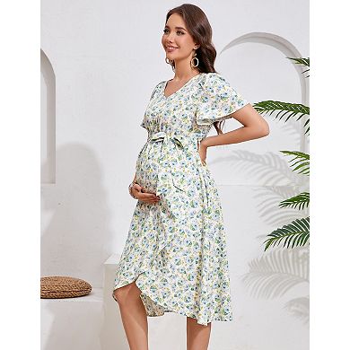 Women's Maternity Short Sleeve V-Neck Midi Dress with Belt