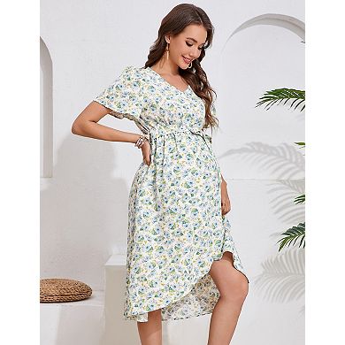 Women's Maternity Short Sleeve V-Neck Midi Dress with Belt
