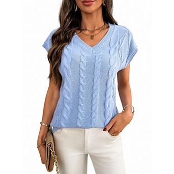 Women's Short Sleeve V Neck Lightweight Breathable Sweater Pullover