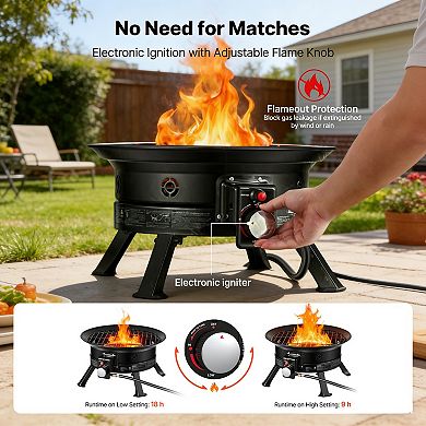 BAOURE Black Portable Propane Gas Fire Pit With Grill Grate And Folding Legs 19 Inch