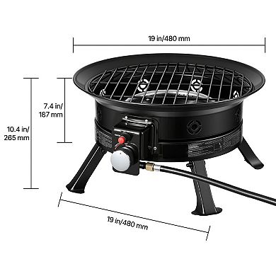 BAOURE Black Portable Propane Gas Fire Pit With Grill Grate And Folding Legs 19 Inch