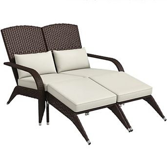BAOURE Wicker Rattan Adirondack Chair with Footstools and Cushions for Two Person Outdoor Use