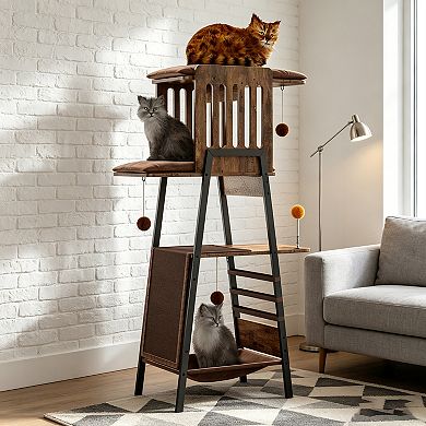 BAOURE MDF Metal Modern Multi Level Cat Tree For Large Cats With Scratching Board Perch Hammock Remo