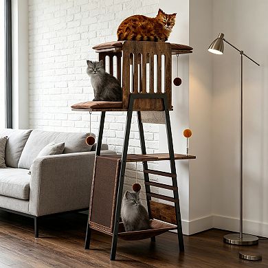 BAOURE MDF Metal Modern Multi Level Cat Tree For Large Cats With Scratching Board Perch Hammock Remo