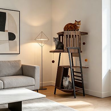 BAOURE MDF Metal Modern Multi Level Cat Tree For Large Cats With Scratching Board Perch Hammock Remo