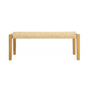 BAOURE Acacia Wood and Faux Rattan Woven Bench for Entryway and Patio in Teak Brown Finish