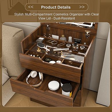 BAOURE MDF Three In One Vanity Desk With Lighted Mirror And Stool Compact Flip Top Dressing Table