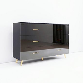 BAOURE Engineered Wood Black High Glossy 6 Drawer Chest Of Drawer With Golden Handles And Legs