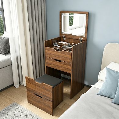 BAOURE MDF 3 In 1 Flip Top Vanity Desk With Lighted Mirror And Padded Storage Stool Compact Storage