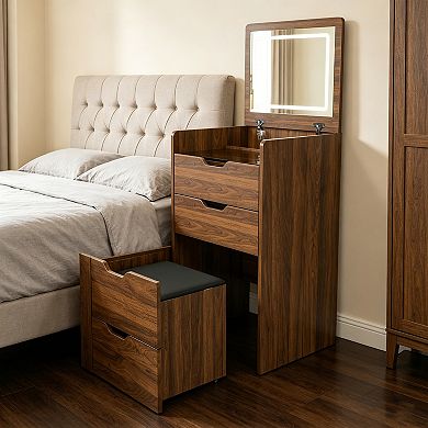BAOURE MDF 3 In 1 Flip Top Vanity Desk With Lighted Mirror And Padded Storage Stool Compact Storage