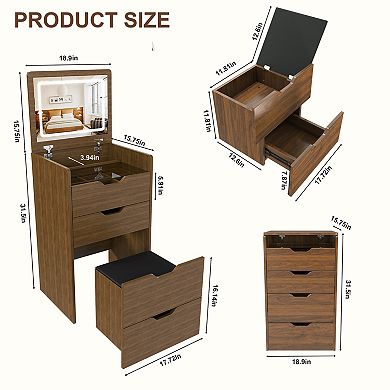 BAOURE MDF 3 In 1 Flip Top Vanity Desk With Lighted Mirror And Padded Storage Stool Compact Storage