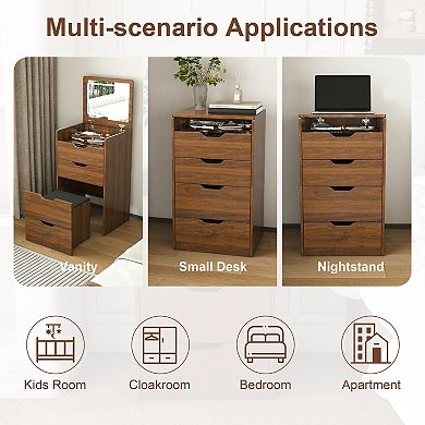 BAOURE MDF 3 In 1 Flip Top Vanity Desk With Lighted Mirror And Padded Storage Stool Compact Storage