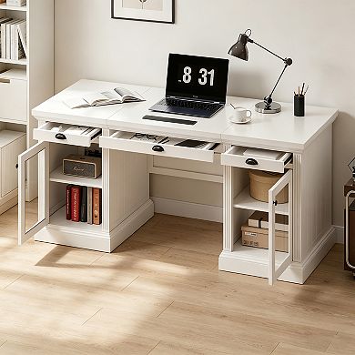 BAOURE Solid Wood And MDF Executive Desk With Storage Drawers Cabinets And USB Ports