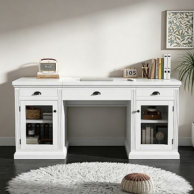 BAOURE Solid Wood And MDF Executive Desk With Storage Drawers Cabinets And USB Ports